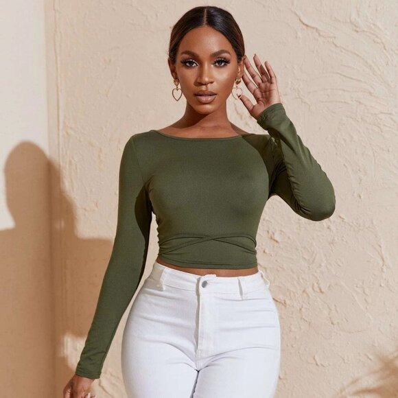 NEW‎ SHEIN Solid Criss Cross Tied Backless Crop Tee SIZE M COLOR Army Green - Picture 2 of 9